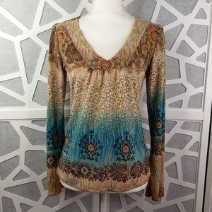 ING Medium Long Sleeve V Neck Blouse Floral Tan Peach Blue Sparkle